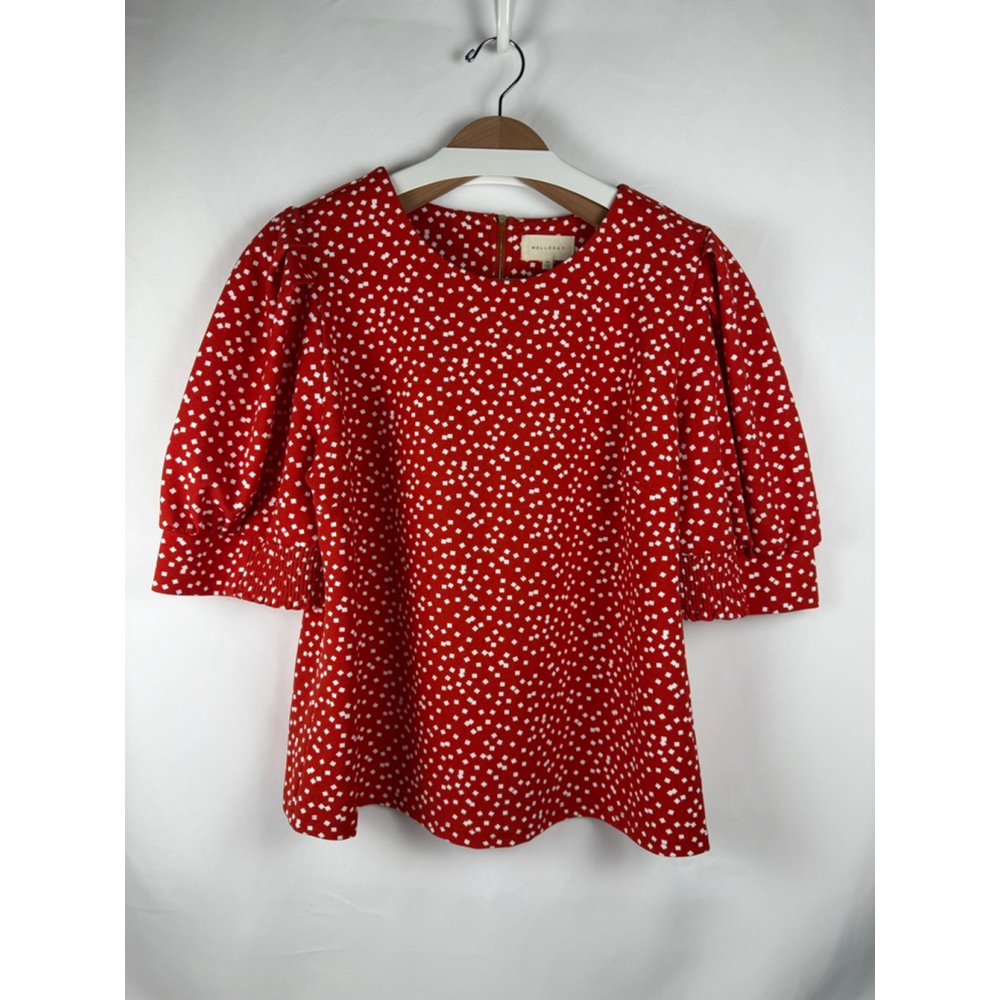 NWOT MELLODAY Women's Red White Dot Print Blouse Top XL